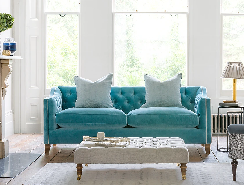 Haresfield Dipped Arm 3 Seater Sofa in Linwood Omega Velvet Omega Airforce with Contrasting Piping_tablet